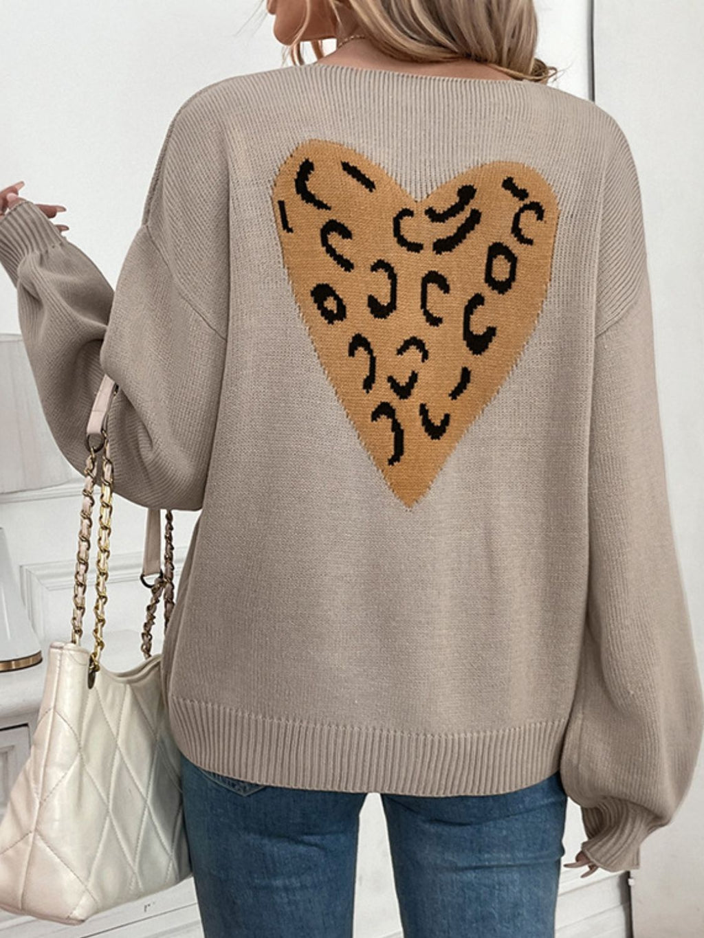 Perfee Tied Contrast Heart V-Neck Long Sleeve Cardigan