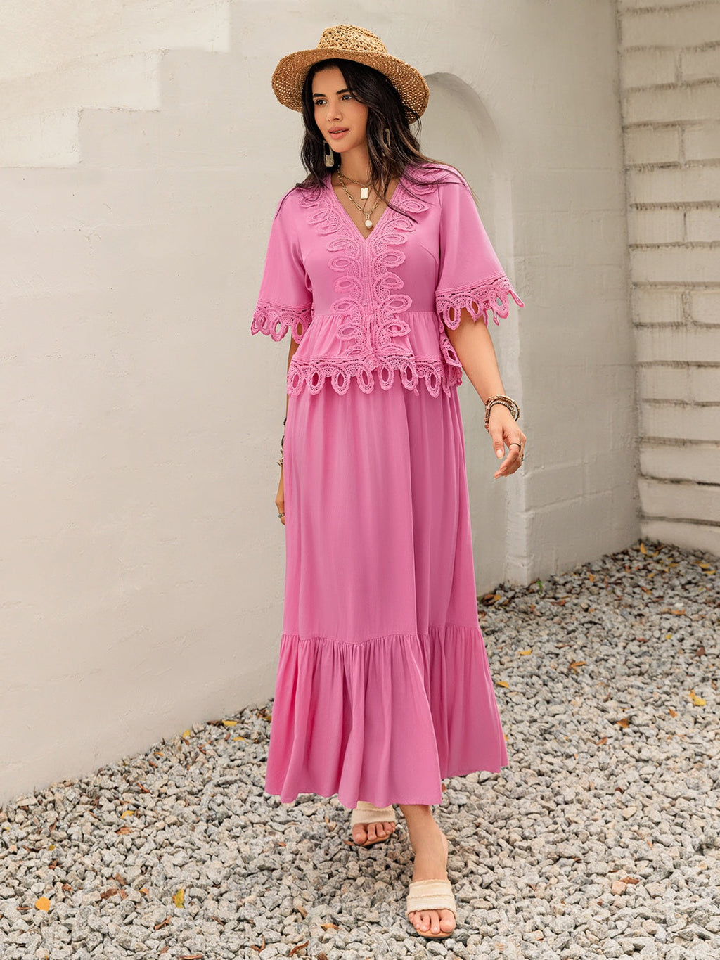Lace Detail V-Neck Half Sleeve Midi Dress