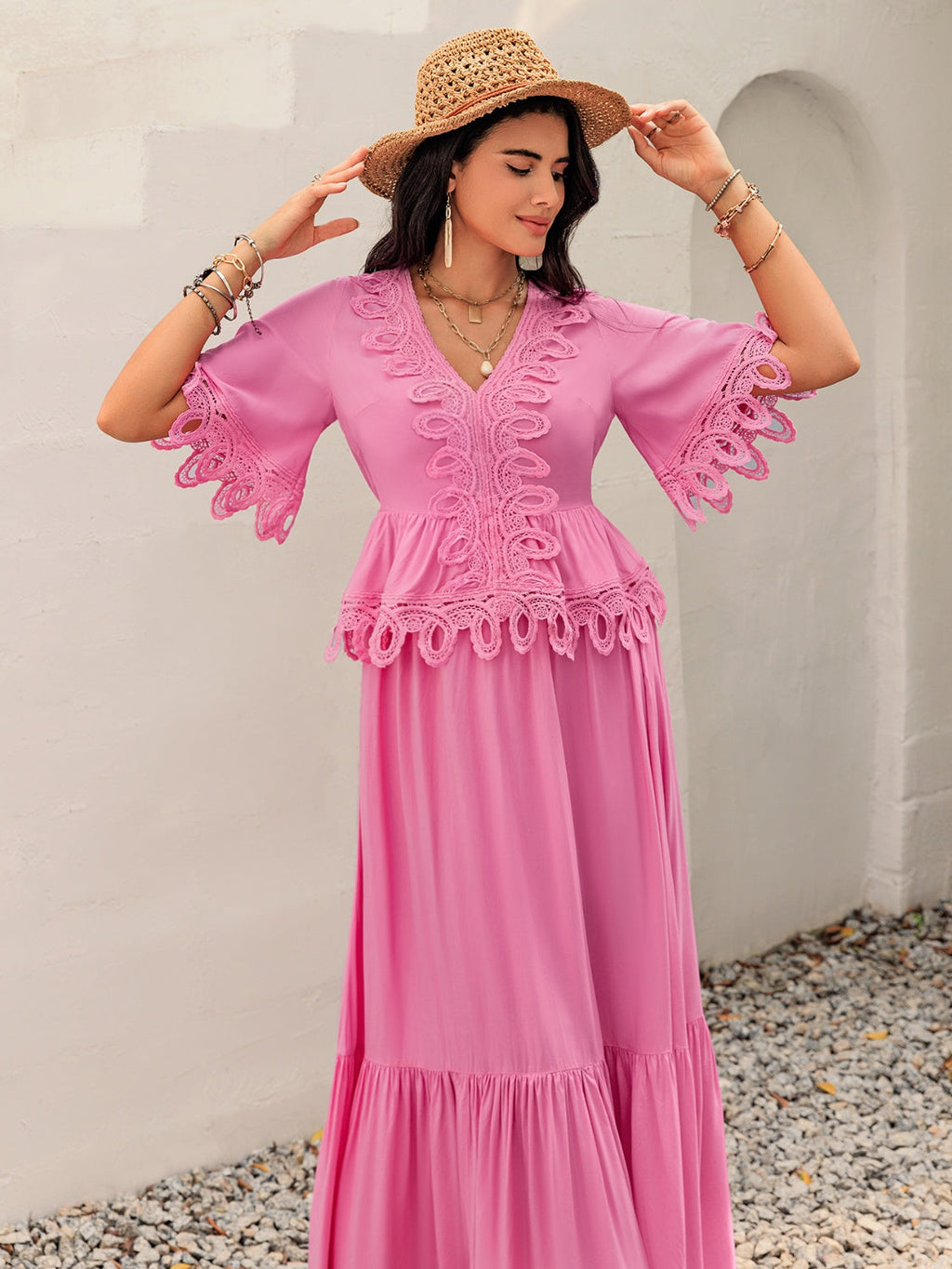 Lace Detail V-Neck Half Sleeve Midi Dress