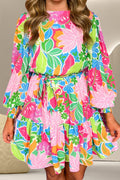 Printed Tie Waist Lantern Sleeve Mini Dress
