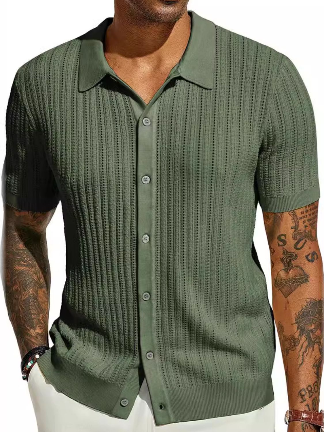 Men's Full Size Openwork Button Down Collared Neck Shirt Plus Size