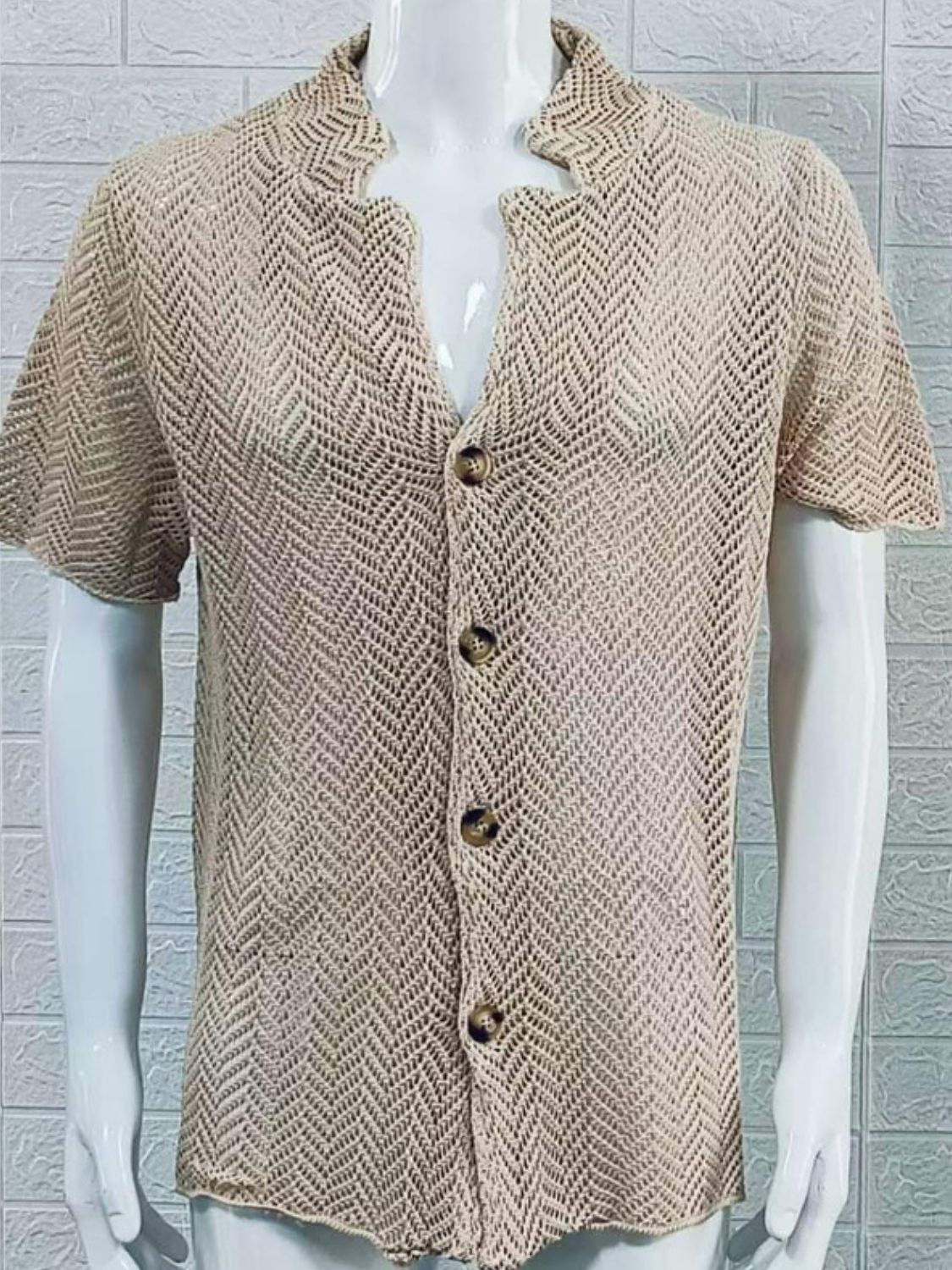 Men's Plus Size Herringbone Eyelet Button Down Knit Shirt