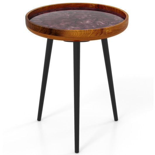 16 Inch Round End Table with Sea Shell Decoration and Epoxy Resin Finish-Brown