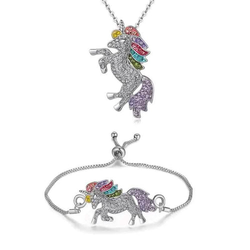 2-Piece Set: Rainbow-Colored Unicorn Necklace and Bracelet