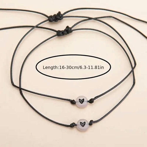 2-Pieces: Luminous Flat Round Shape Beads Braided Bracelet with Heart Shape Pattern