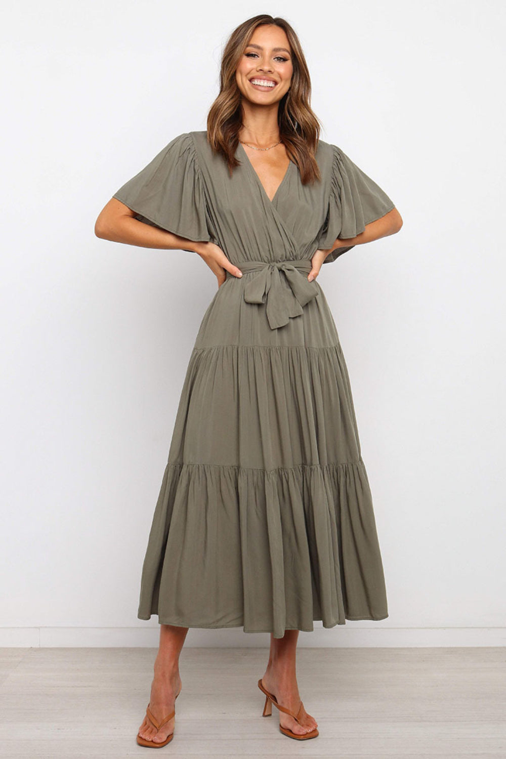 Tied Tiered Short Sleeve Midi Dress