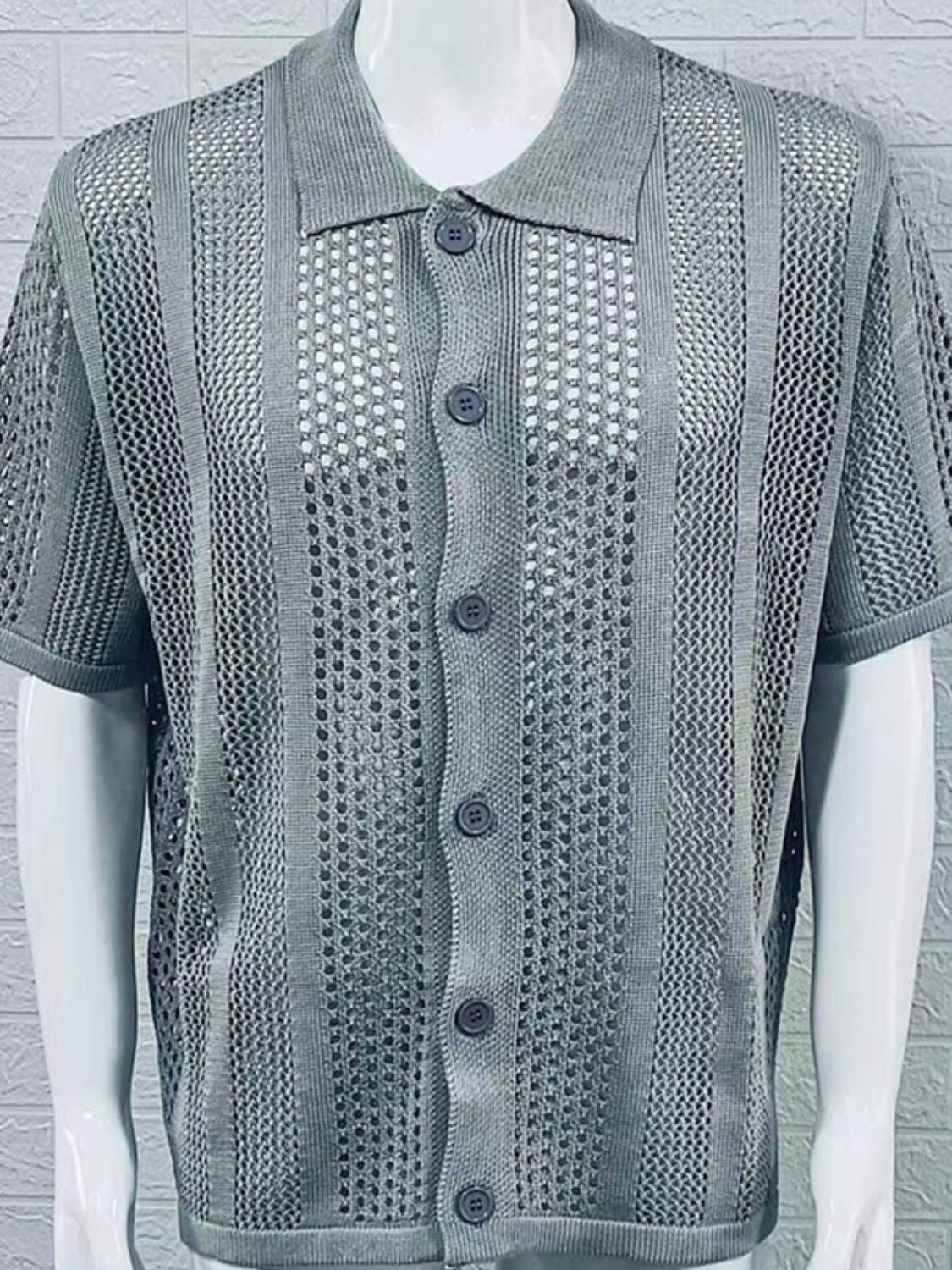 Men's Button Down Collared Neck Hollow Out Shirt