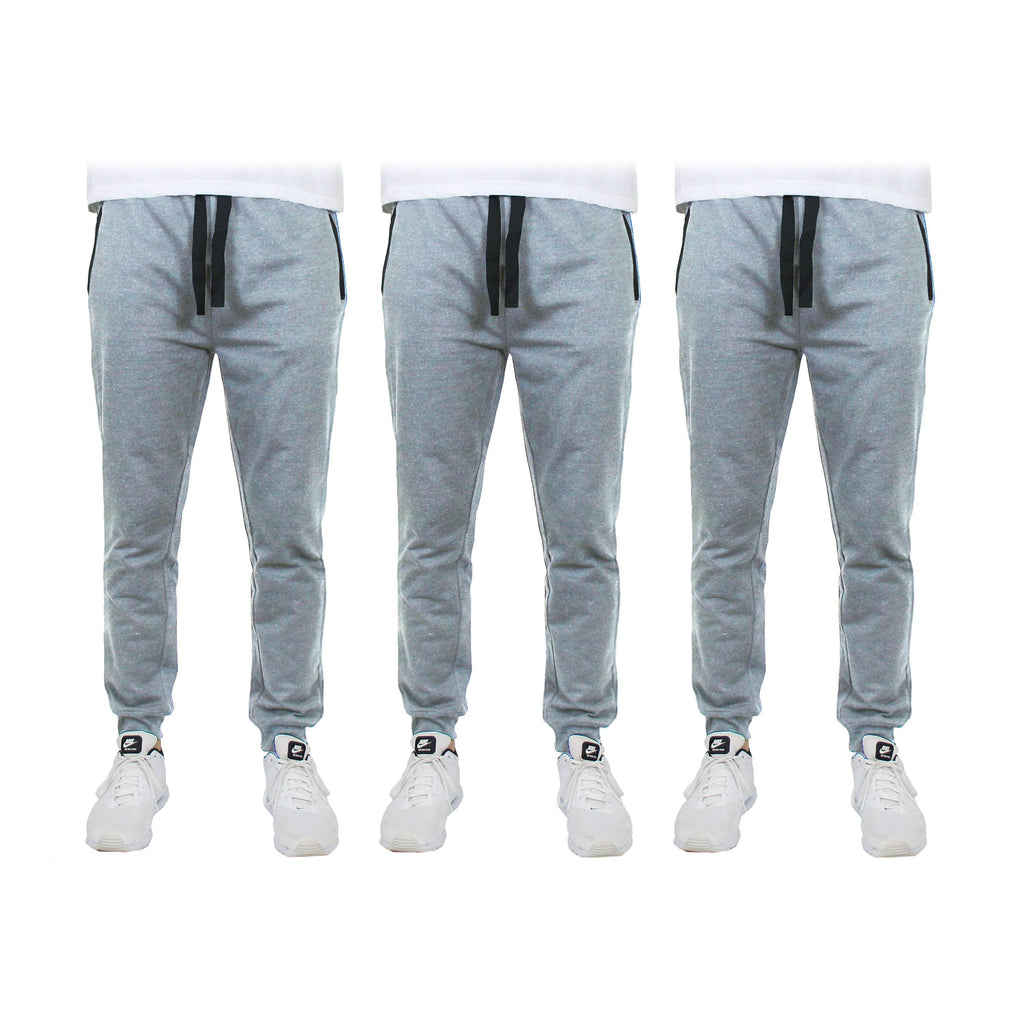 3-Pack: Men's Slim Fitting French Terry Jogger Lounge Pants with Zipper Pockets