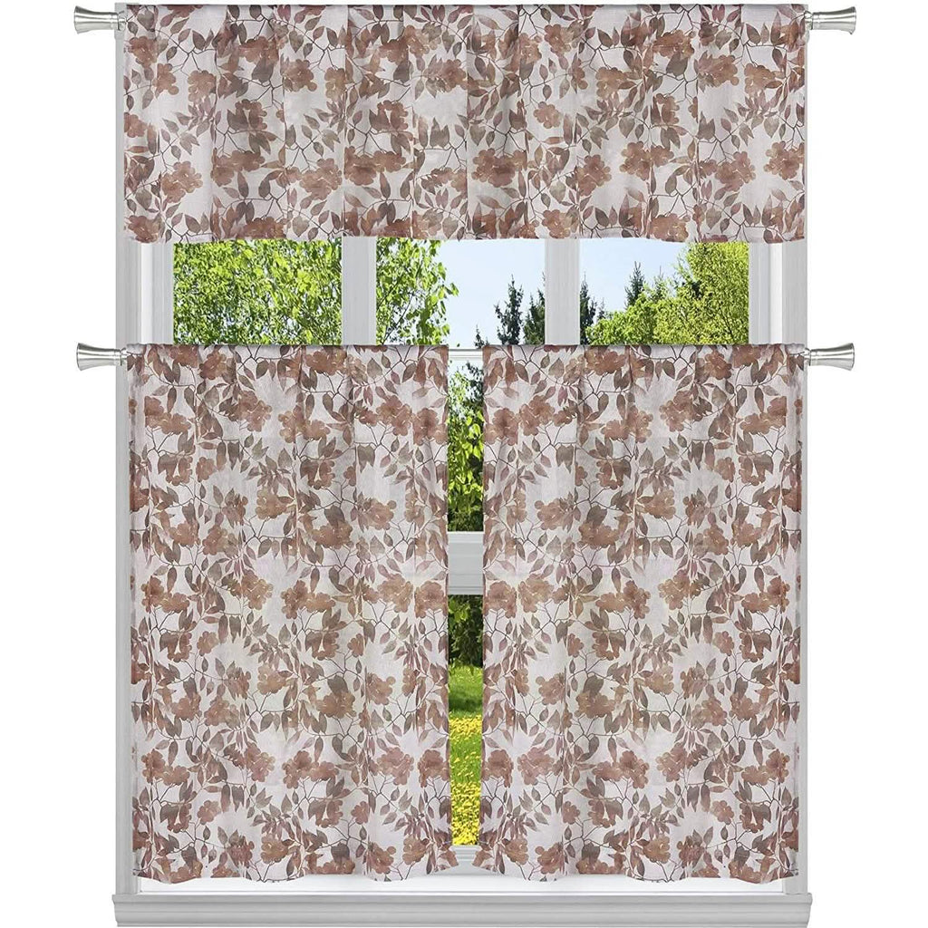 3-Piece: Chic Floral Pattern Semi-Sheer Kitchen Curtain Tier and Valance Set