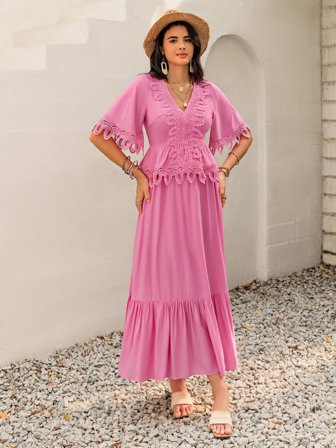 Lace Detail V-Neck Half Sleeve Midi Dress