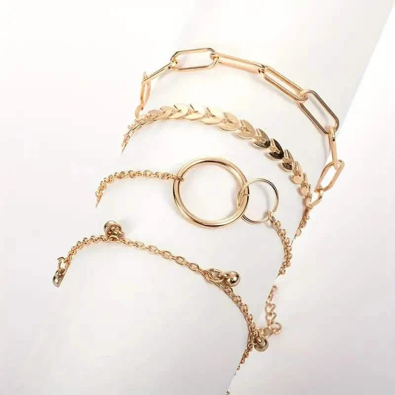 4-Pieces: Vintage Leaf Pendant Hand Chain Bracelet Set For Women