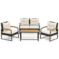 4 Pieces Patio Conversation Set with Acacia Wood Armrests and Tabletop and Cushions-White