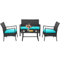 4 Pieces Rattan Conversation Set with Tempered Glass Coffee Table-Turquoise