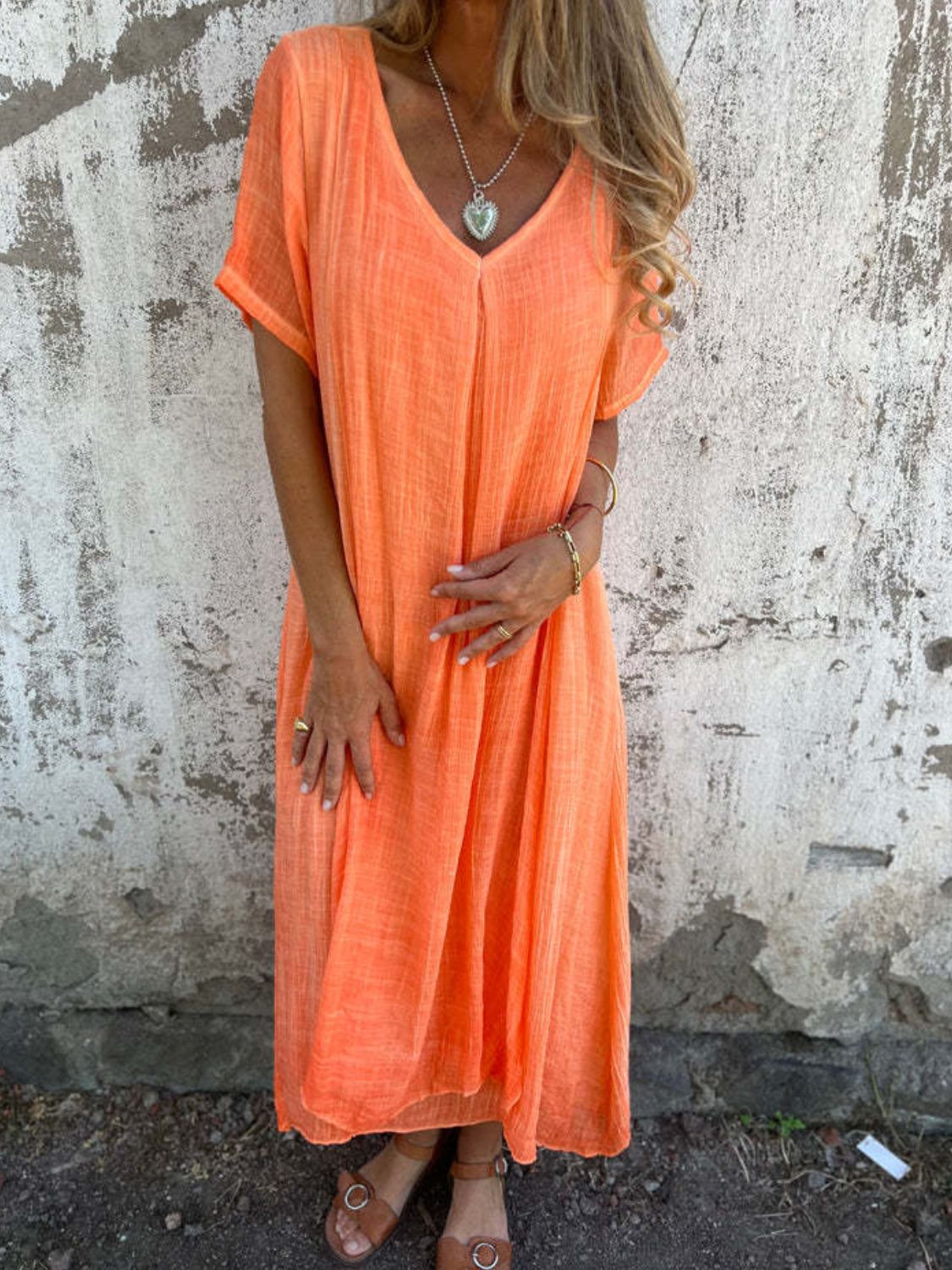 Full Size V-Neck Short Sleeve Midi Dress Plus Size