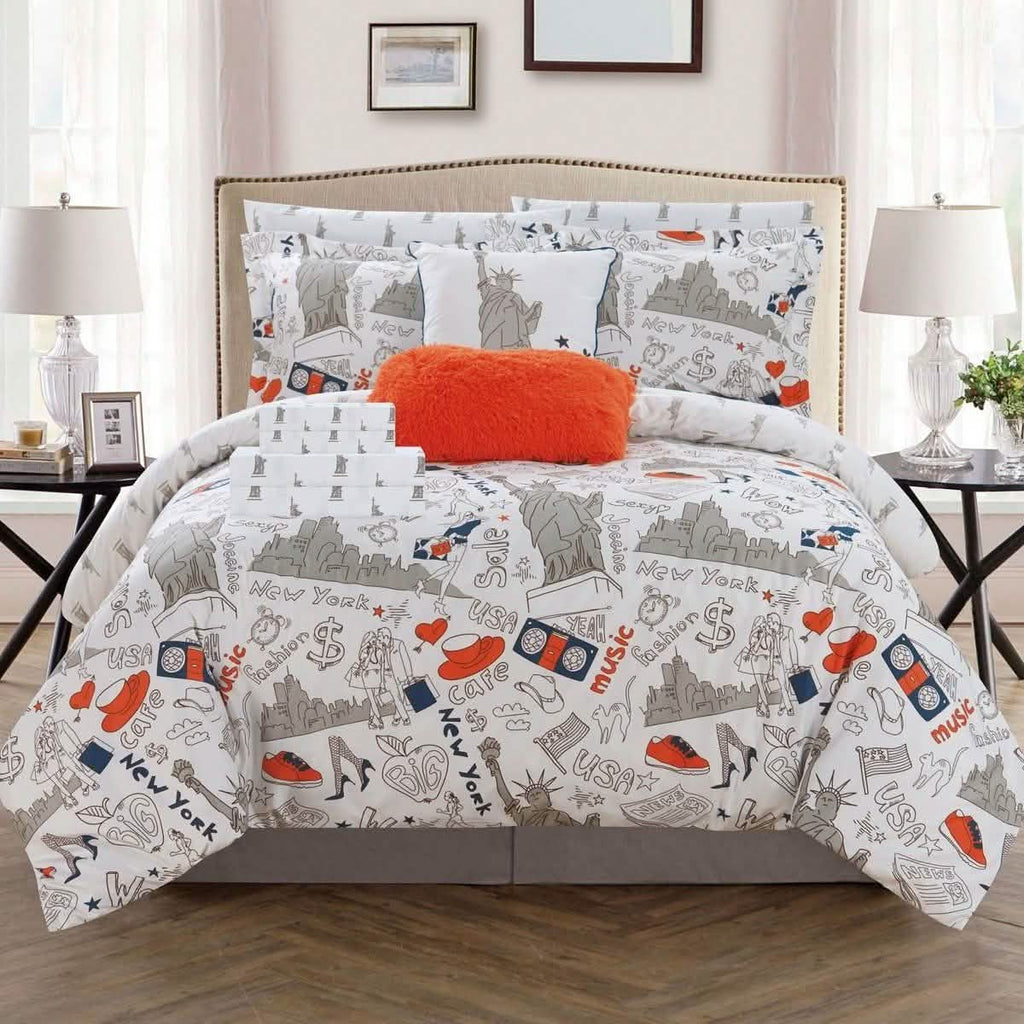 9-Piece Set: Liberty Reversible Comforter Set New York Theme Printed Design Bed