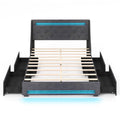 Queen Size Upholstered Platform Bed Frame with LED Lights and Charging Station-Grey