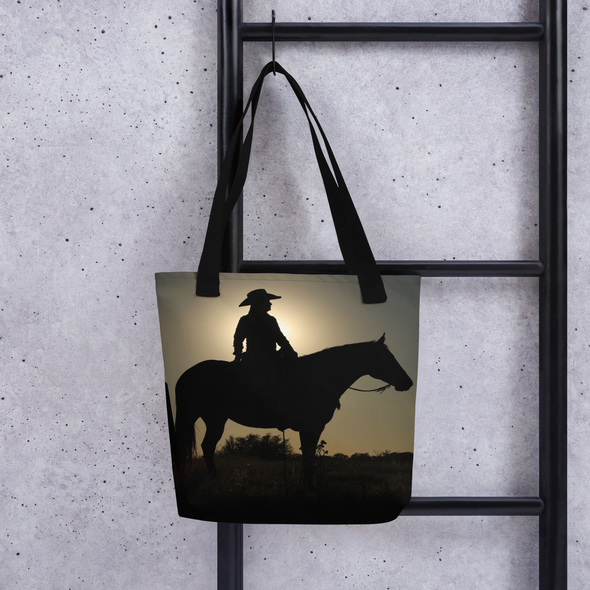 Cowgirl Horseback Silhouette 15"x15" Tote Bag