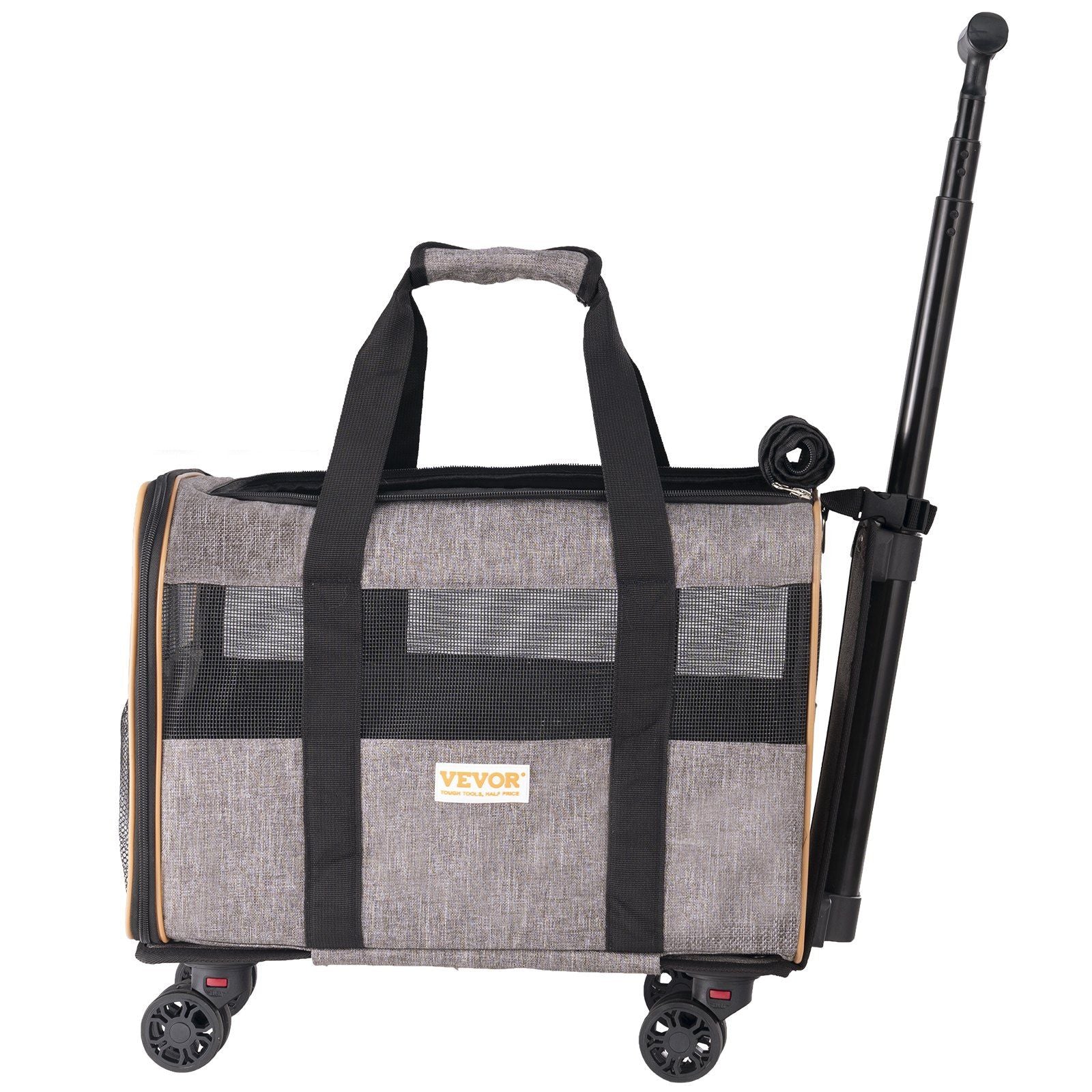 Cat Carrier with Wheels, Airline Approved Rolling Pet Carrier with Telescopic Handle and Shoulder Strap, Dog Carrier with Wheels for Pets under 22 lbs, with 1 Folding Bowl, Grey
