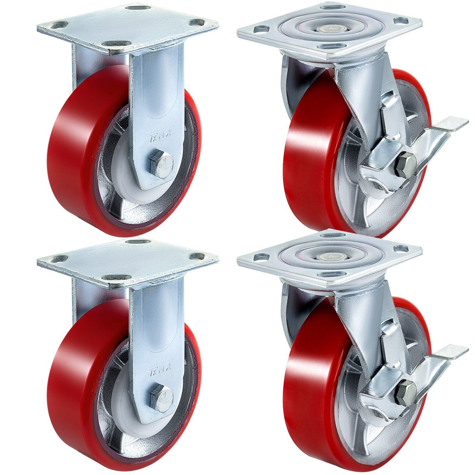 4 Pack 6 x 2 Inch Caster Wheels 2 Rigid and 2 Swivel Casters with Side Brake Polyurethane Iron Core Plate 1000LBS Capacity Per Wheel