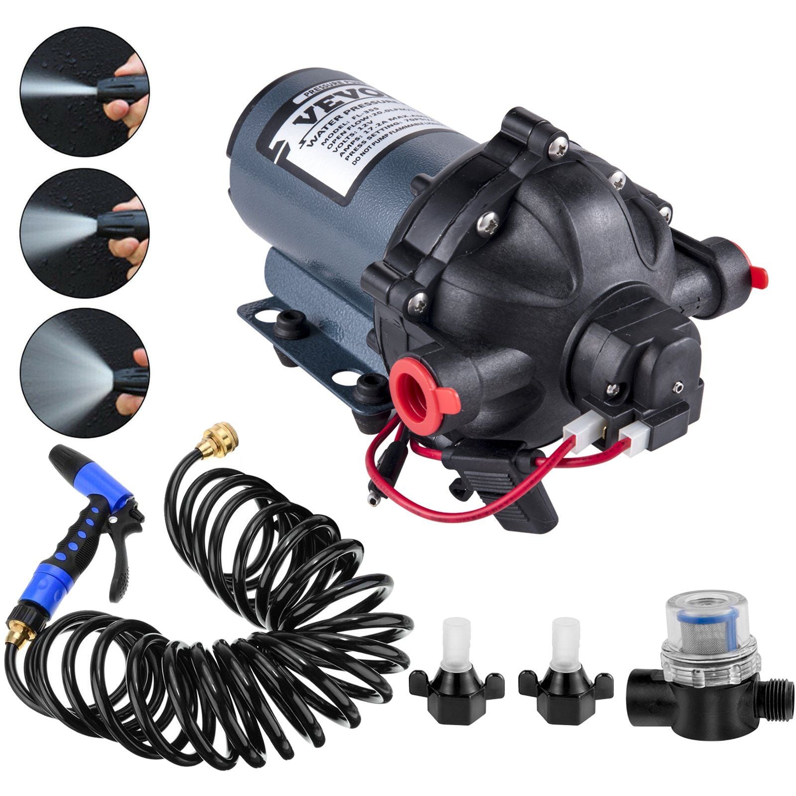 RV Water Pump 5.3 GPM 5.5 Gallons Per Minute 12V Water Pump Automatic 70 PSI Diaphragm Pump with 25 Foot Coiled Hose Washdown Pumps for Boats Caravan Rv Marine Yacht
