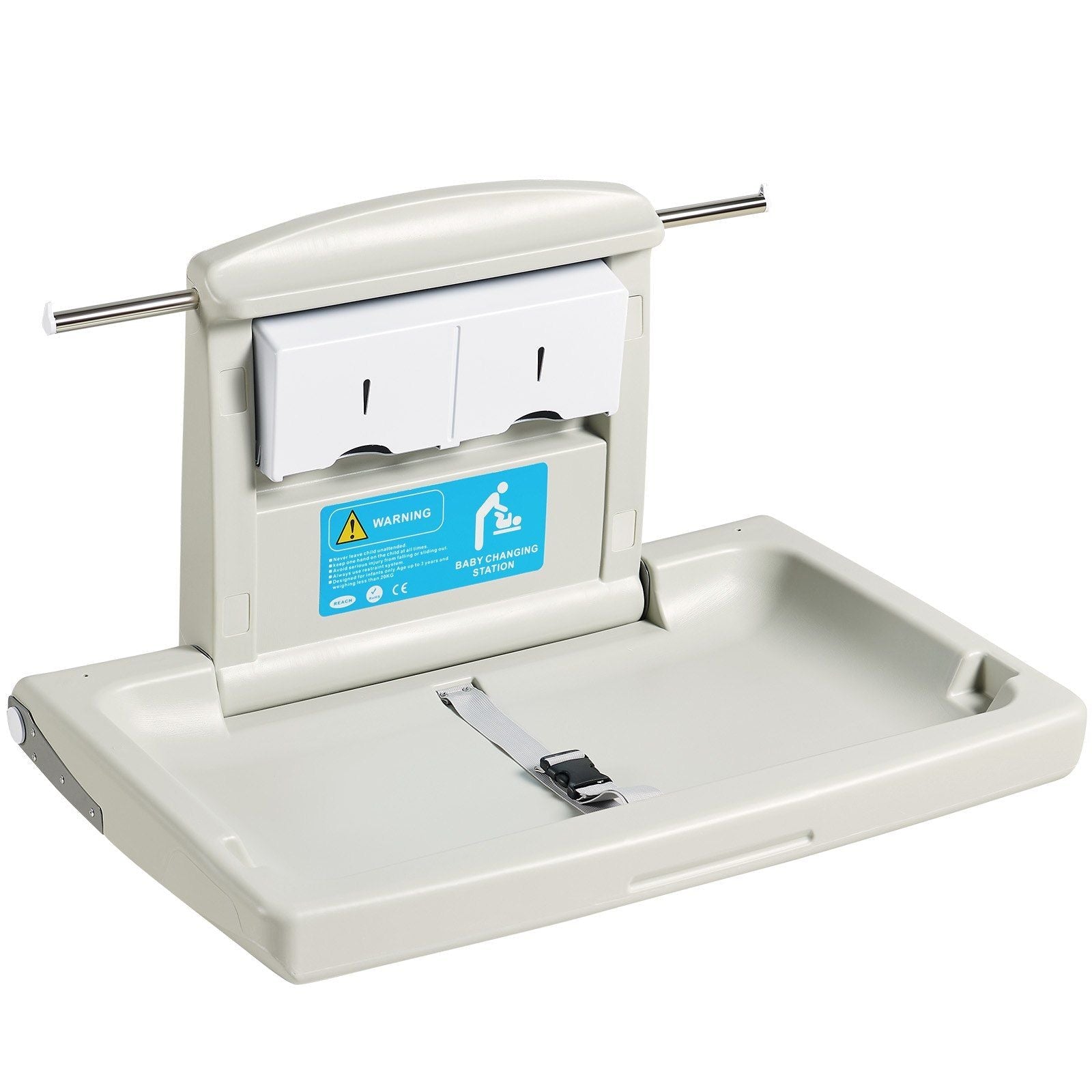 Wall-Mounted Baby Changing Station, Horizontal Foldable Diaper Change Table with Safety Straps and Hanging Rods, Use in Commercial Bathrooms, Daycare Centers for Newborns & Infant
