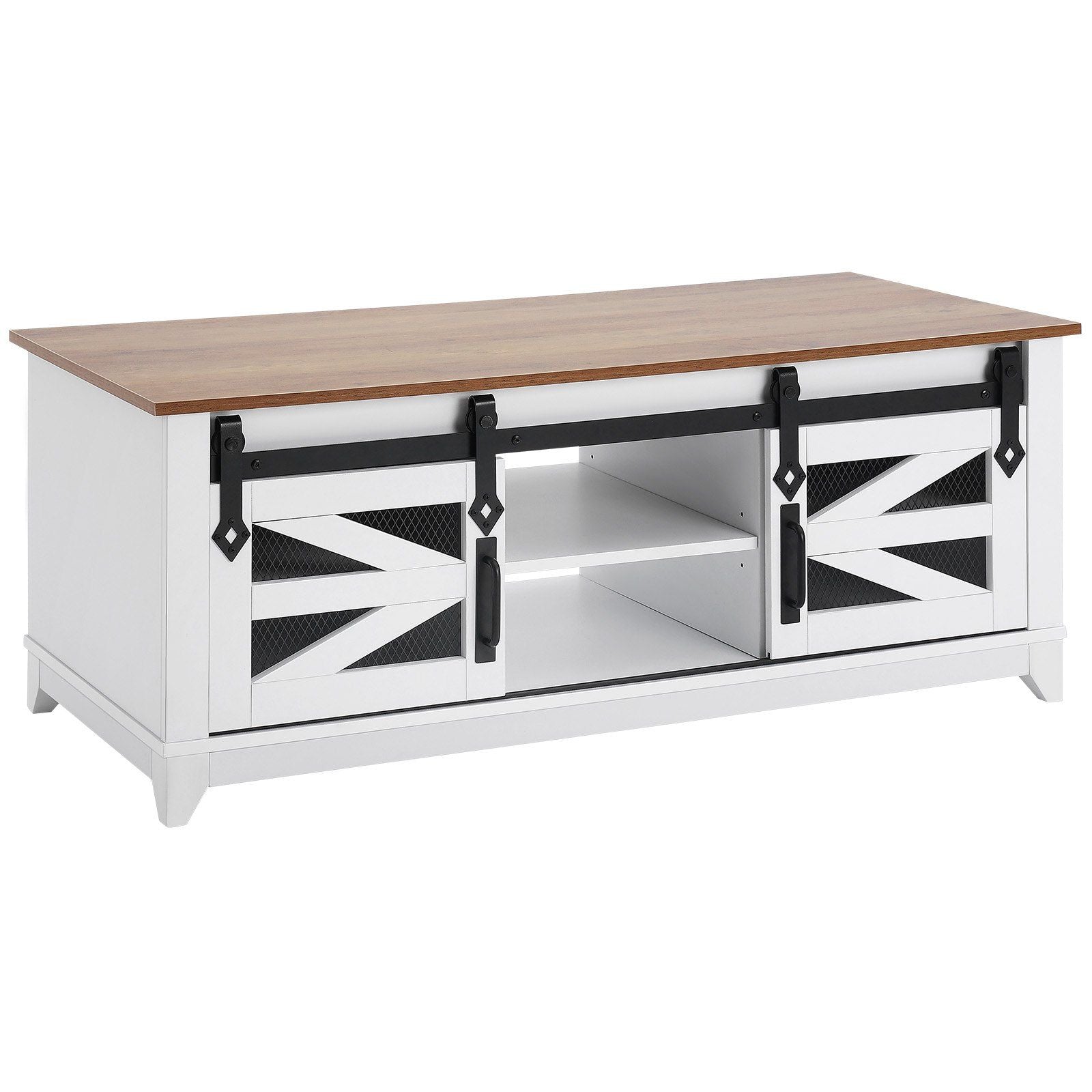 48" Farmhouse Coffee Table, Rectangle Coffee Table with 2 Sliding Barn Doors, 2 Tiers Wooden Rustic Table with Removable Shelves for Living Room, Bedroom, Apartment, or Studio, White & Natural