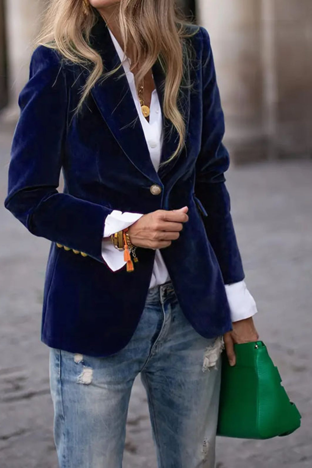 One Button Lapel Collar Long Sleeve Blazer