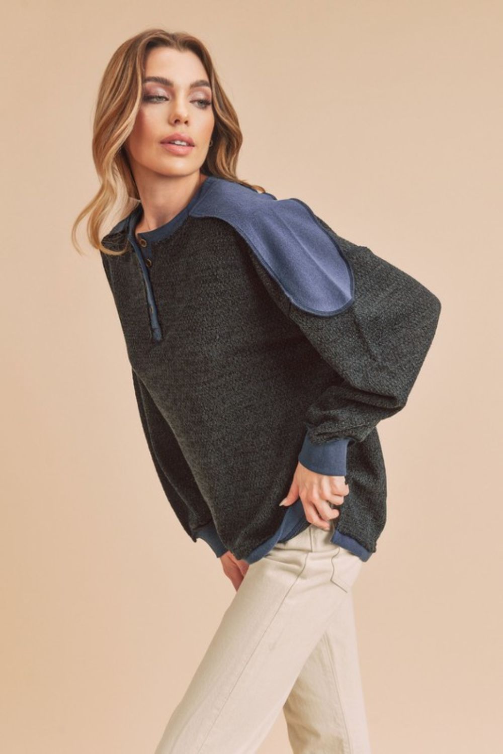 Aemi + Co Side Slit Button Detail Contrast Shoulder Sweatshirt