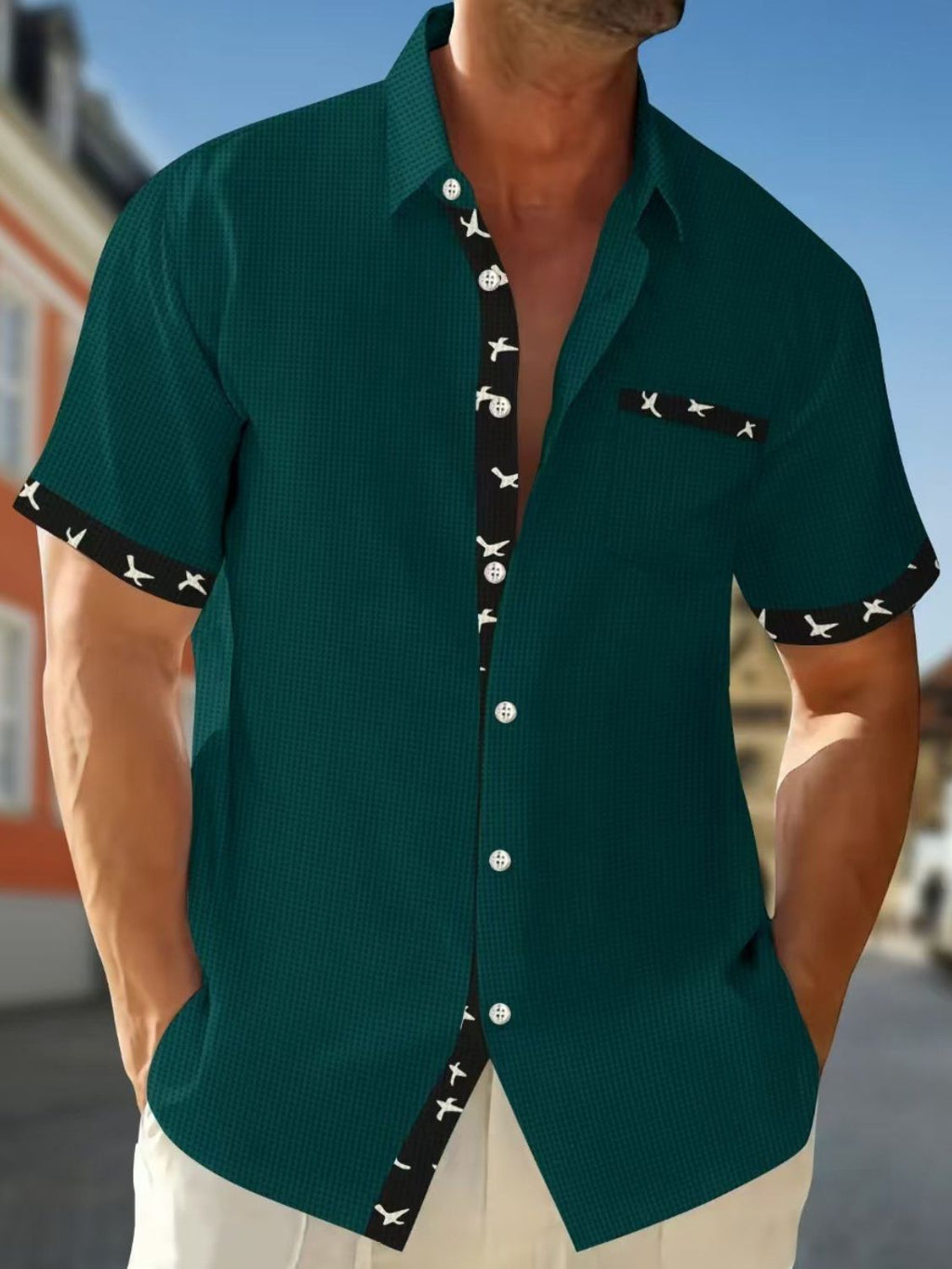 Men's Full Size Contrast Trim Waffle Knit Short Sleeve Shirt Plus Size