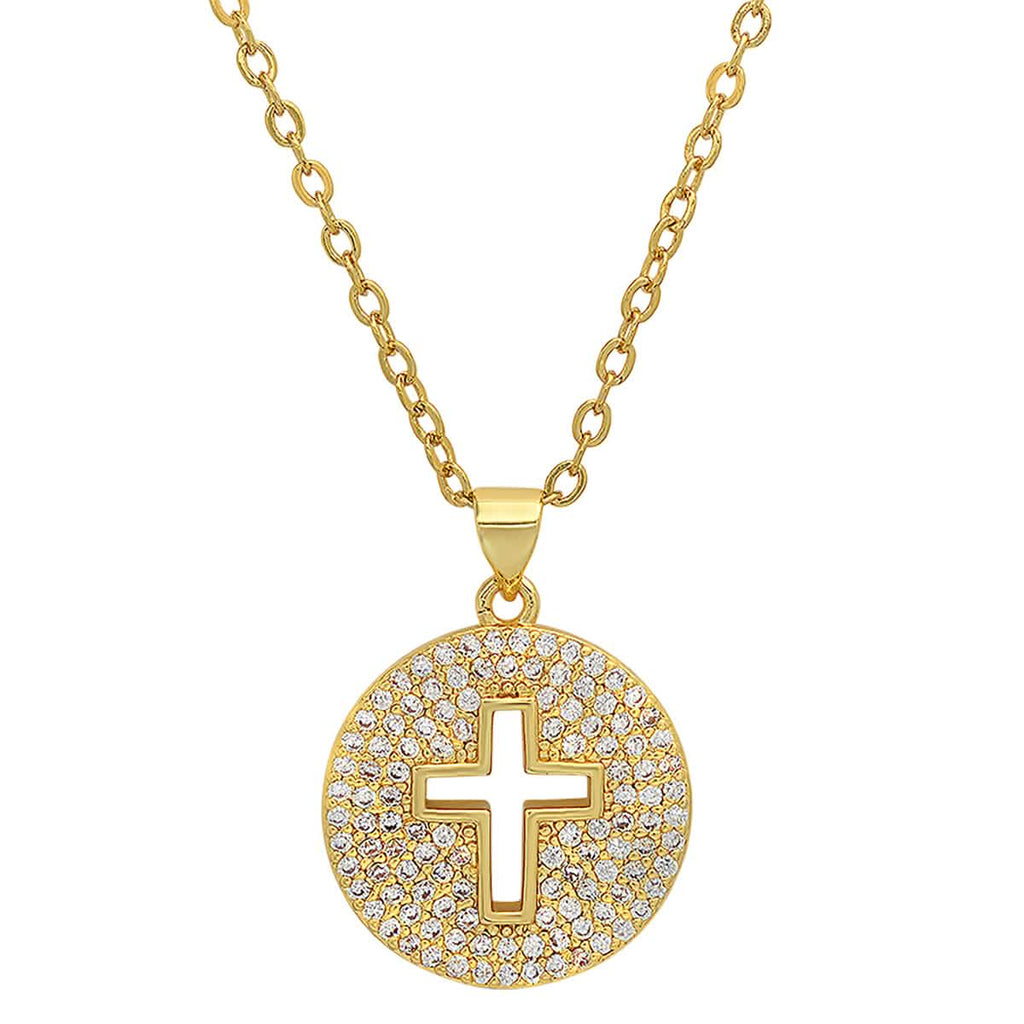 Ladies 18k White Gold/Gold Plated Brass Simulated Diamonds Round Cross Pendant