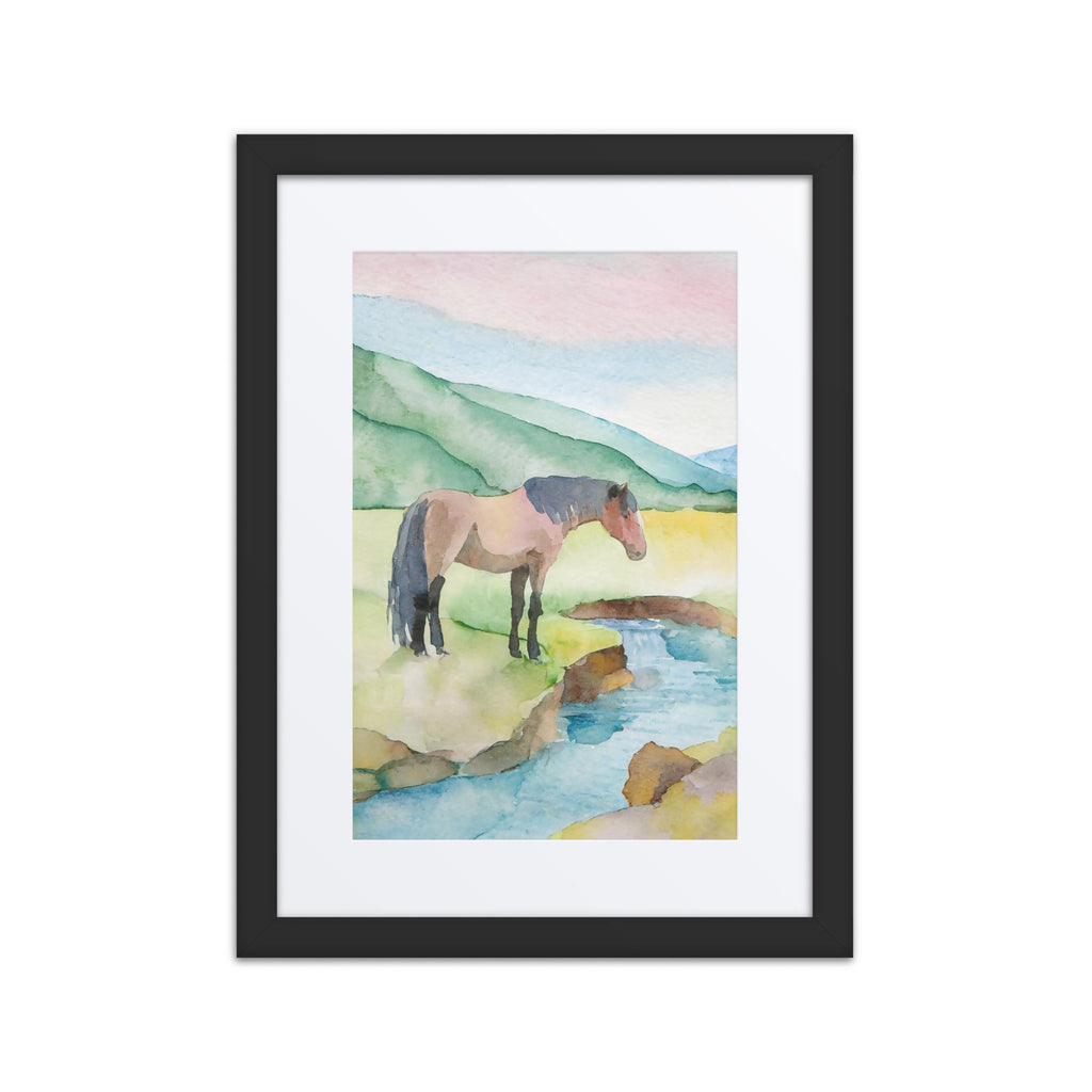 Horse by a Creek Watercolor Framed Poster