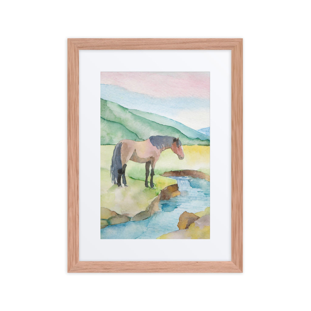 Horse by a Creek Watercolor Framed Poster