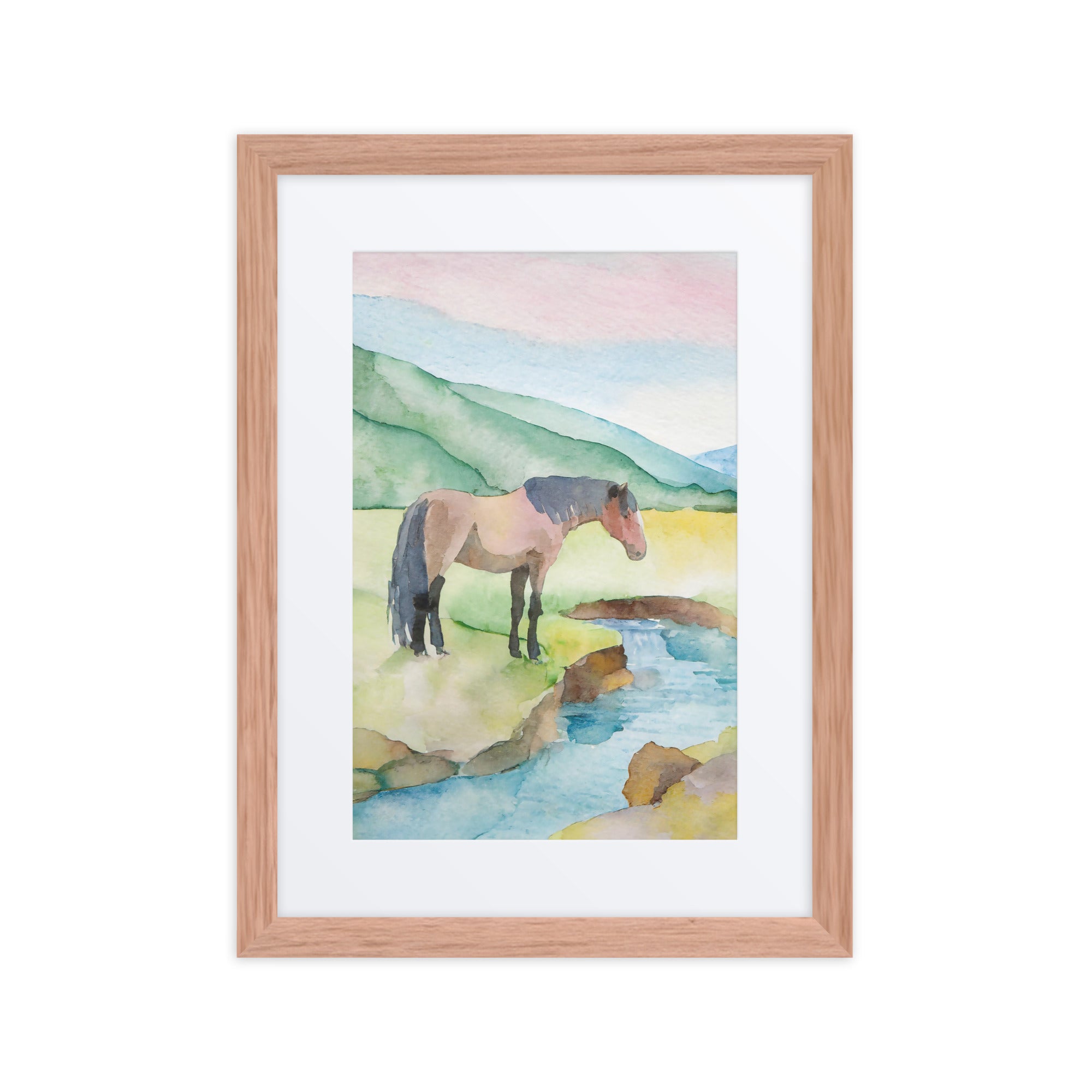 Horse by a Creek Watercolor Framed Poster