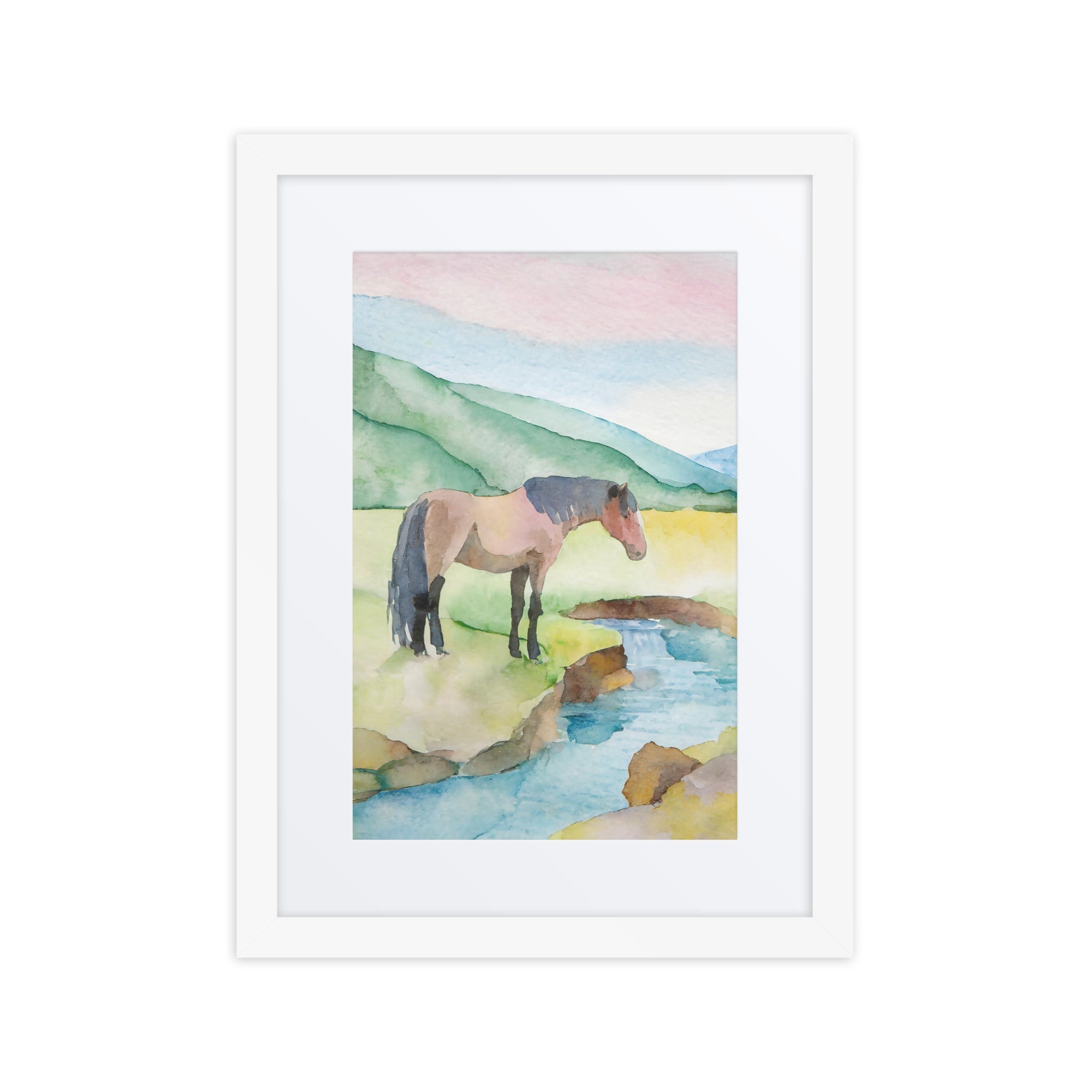 Horse by a Creek Watercolor Framed Poster