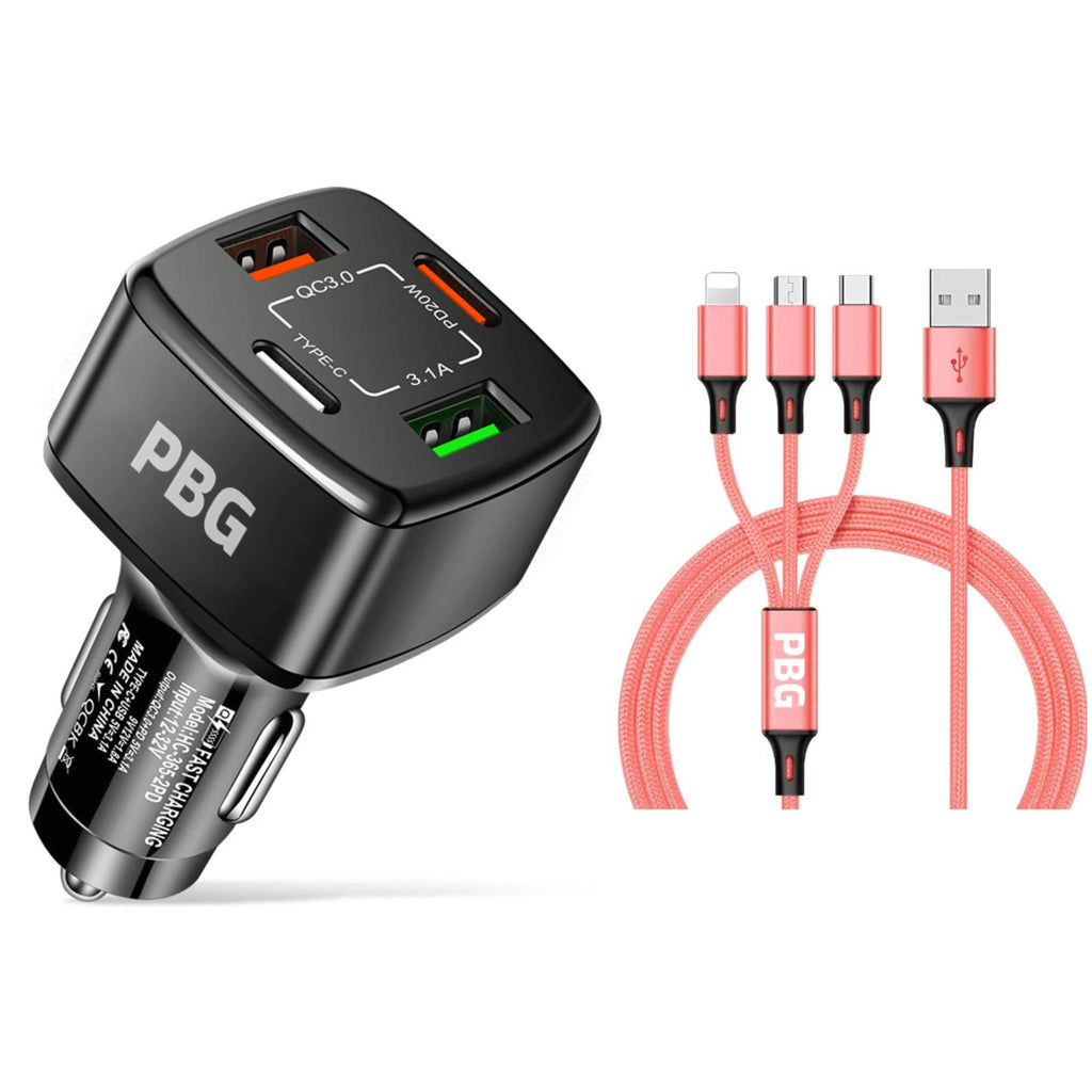 PBG Black 4 Port Car Charger and 4FT - 3 in 1 Nylon Cable Combo