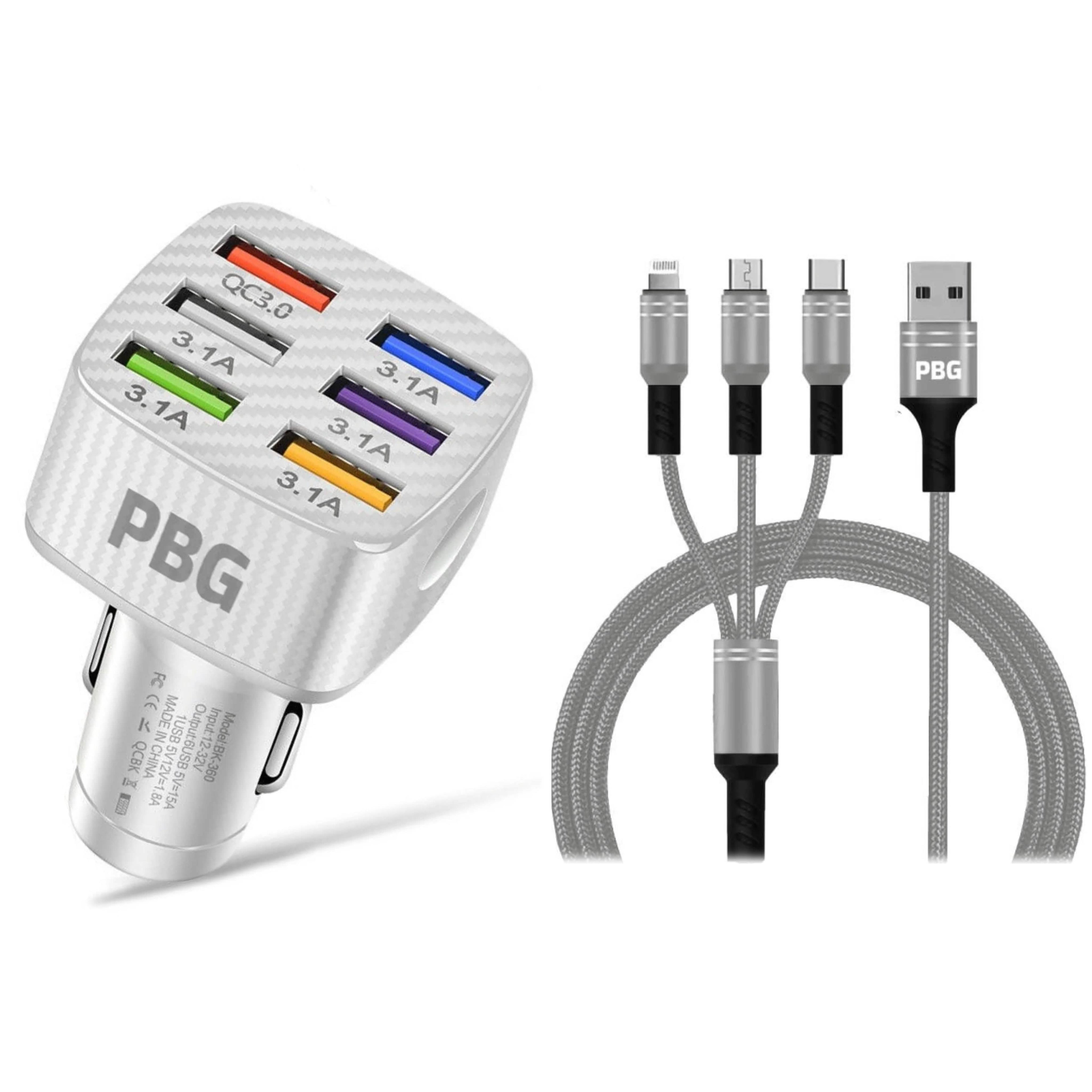 PBG LED 6 Port Car Charger and 4Ft. 3-in-1 Cable Combo