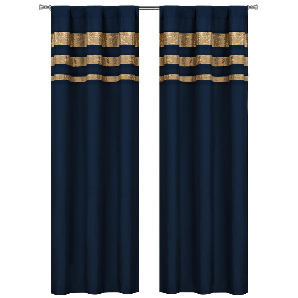 Set of 2: Velvet Metallic Stripe Border Blackout Window Curtain Pair Panel
