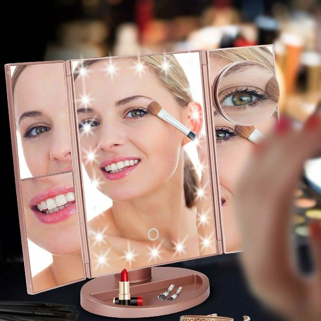 Tri-fold Vanity Makeup LED USB Touch Screen 10X Magnifing Mirror