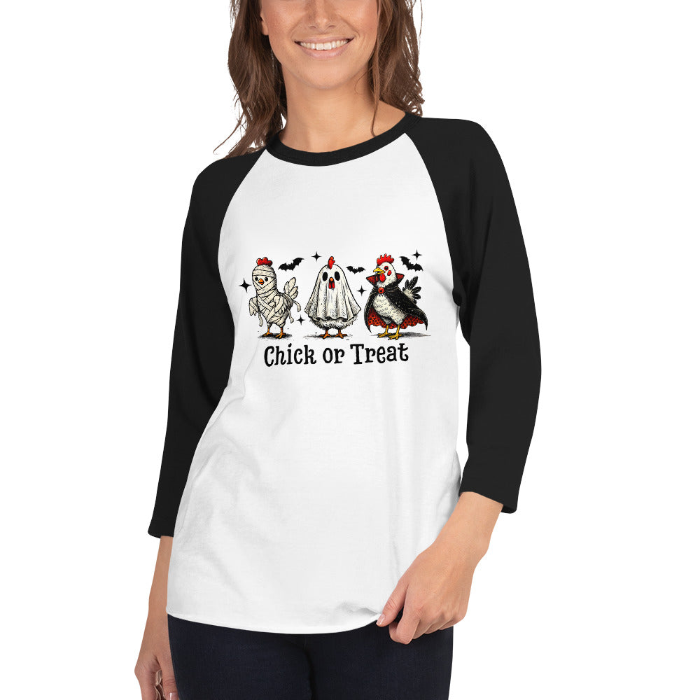 Chick or Treat Halloween Chickens 3/4 sleeve Baseball Tee