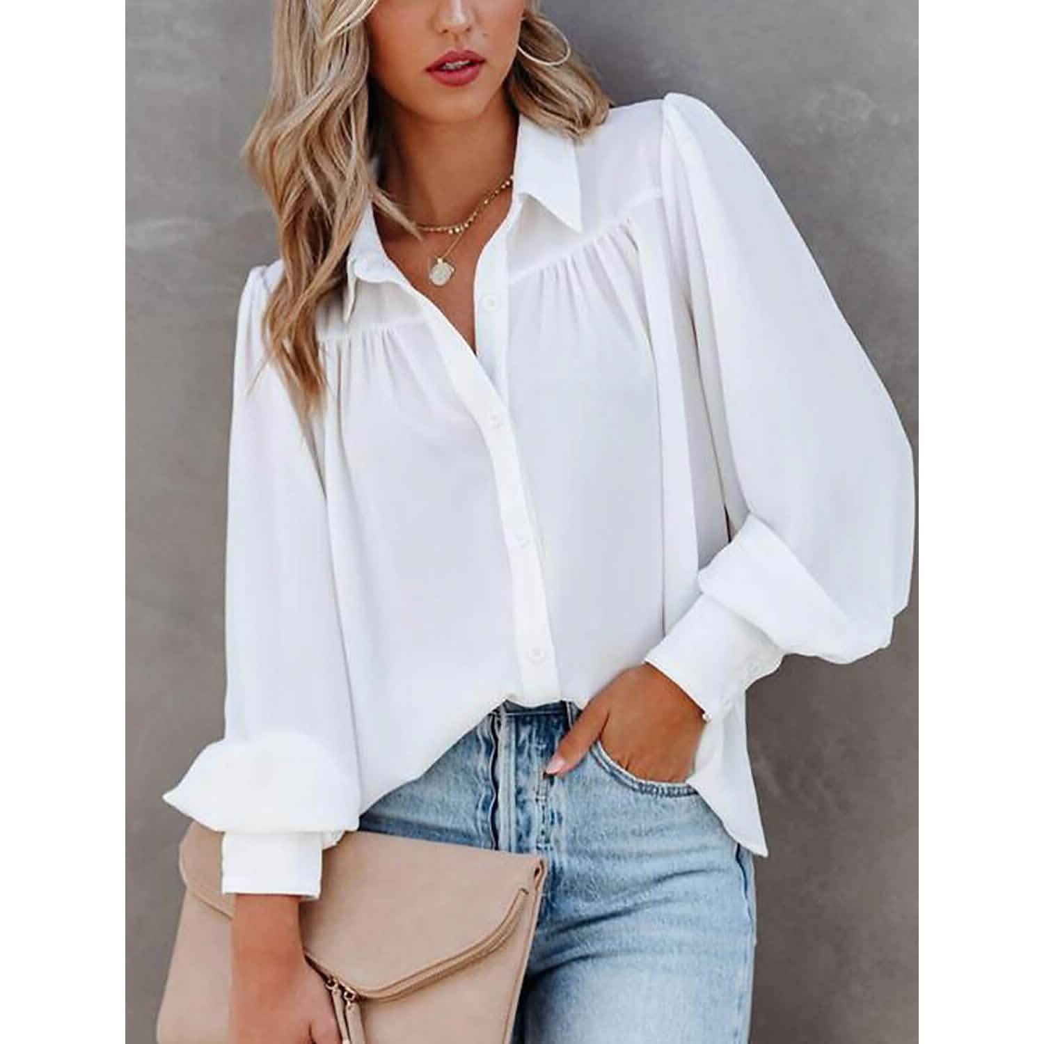 Womens Blouse Shirt Plain Button Long Sleeve