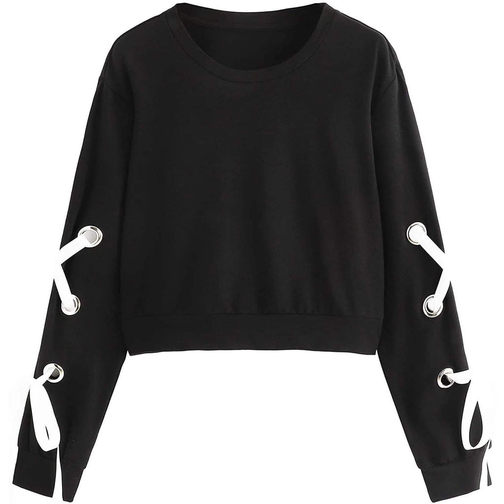Women's Casual Lace-Up Long-Sleeved Pullover Crop Top Sweatshirt