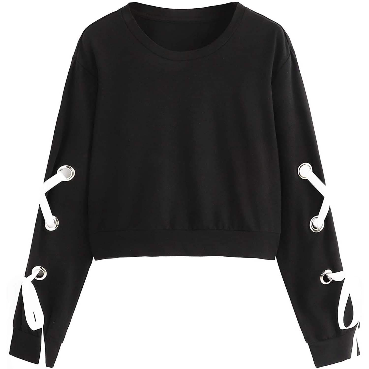 Women's Casual Lace-Up Long-Sleeved Pullover Crop Top Sweatshirt