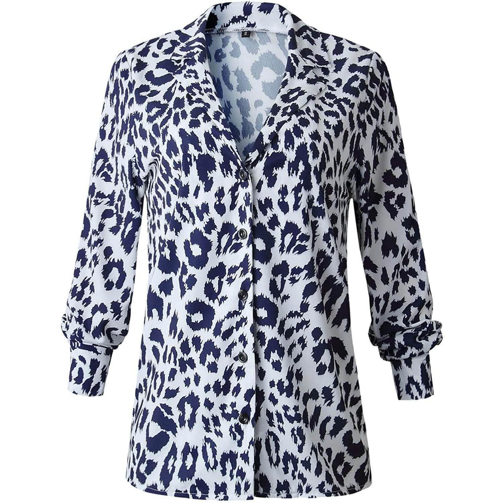 Womens Casual Tops V Neck Leopard Tunic Long Sleeve Button Down Shirts Top