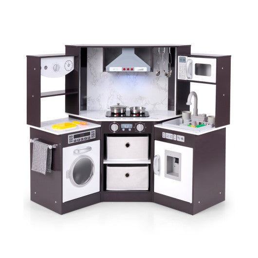 Wooden Kids Play Kitchen Playset with Realistic Lights and Sounds-Coffee